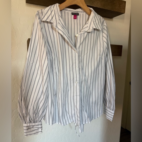 Vince Camuto|White pinstripe button down long sleeve blouse,cinch tie on back• - Picture 4 of 10